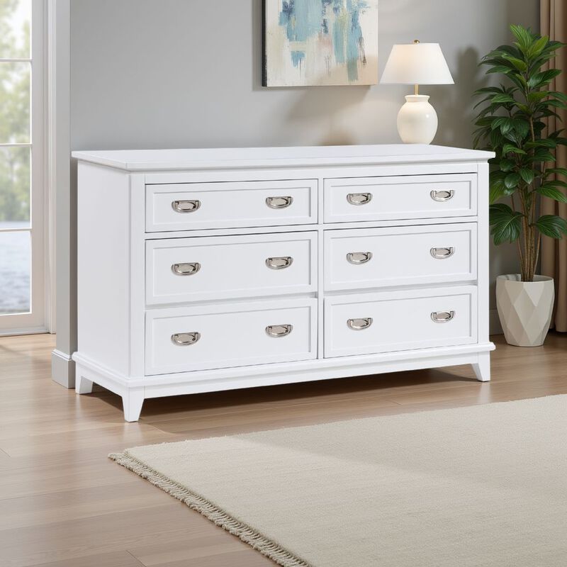 Sely Dresser, 55 Inch, 6 Drawers, White Wood, Nickel Ring Handles - Benzara