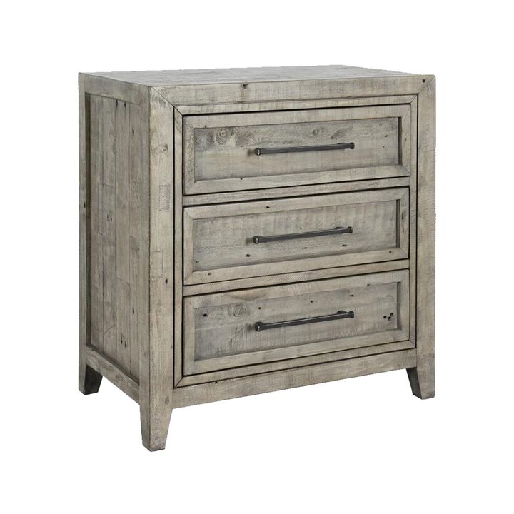 3 Drawer Wooden Nightstand with Rough Hewn Saw Texture Detail, Gray-Benzara