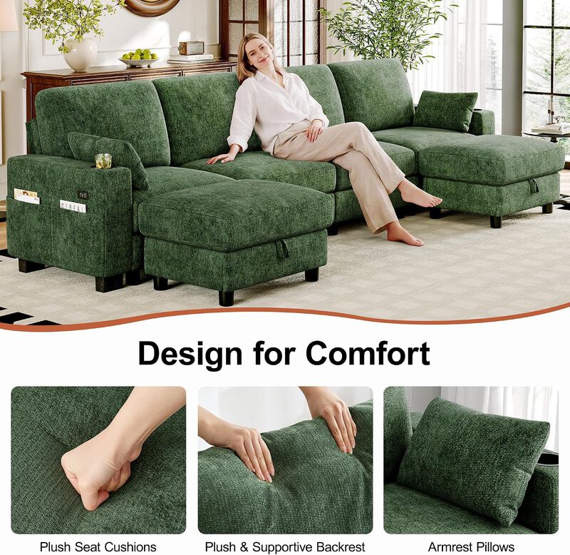 Vipbear 128" Modular Sectional Sofa, Chenille U Shaped Cloud Couch with Ottoman Adjustable Backrest image number 2