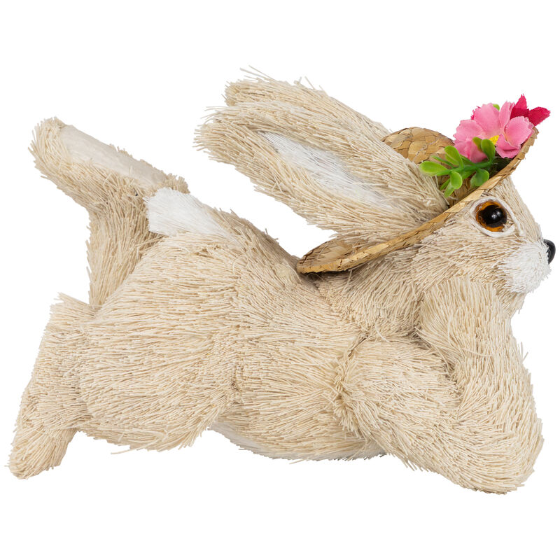 Rabbit with Floral Straw Hat Easter Figurine - 8.75" - Beige
