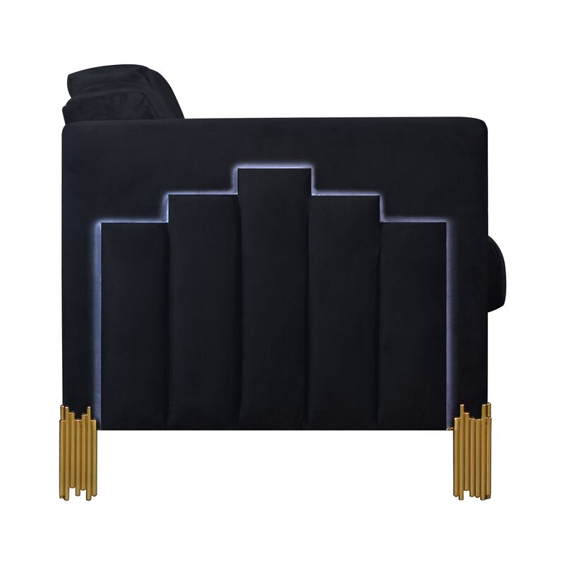 Theo Sofa, Black Velvet, Blue LED Lights, Gold Metal Legs, 83 Inch - Benzara