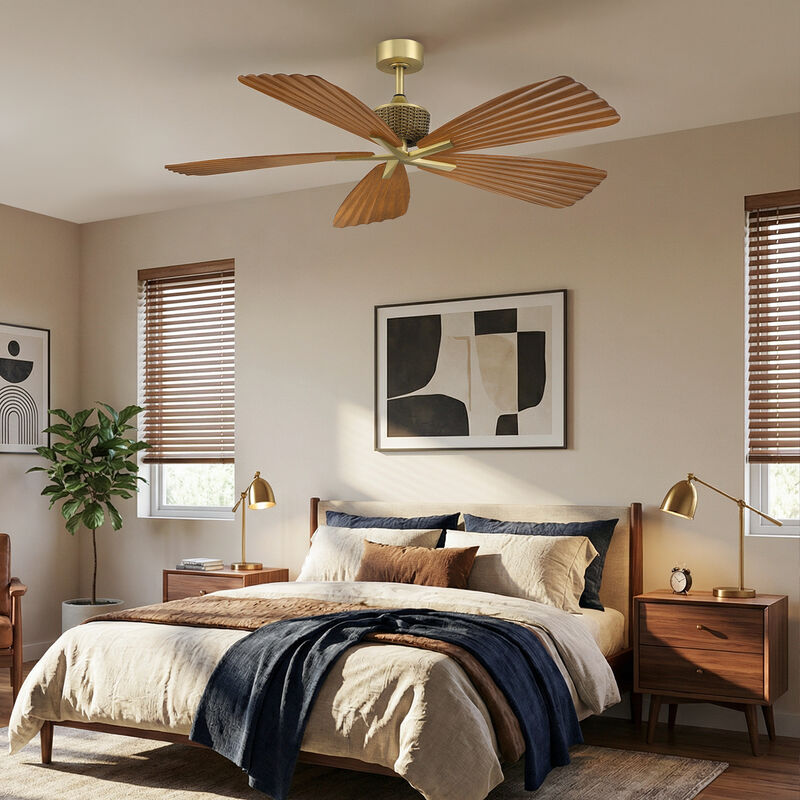 56" Tropical Brown Pleated Leaf Blades Reversible Ceiling Fan with Remote, No Light image number 3