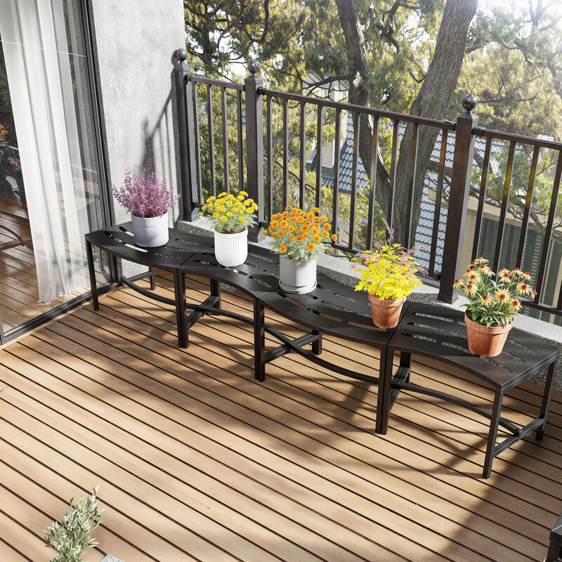 FUFU&GAGA Set of 4 Outdoor Fire Pit Benches, Black Iron Frame Stationary Patio Chairs with Slatted Seats, Weather-Resistant, (15.7 in. H x 23.9 in. W x 13.5 in. D), Black