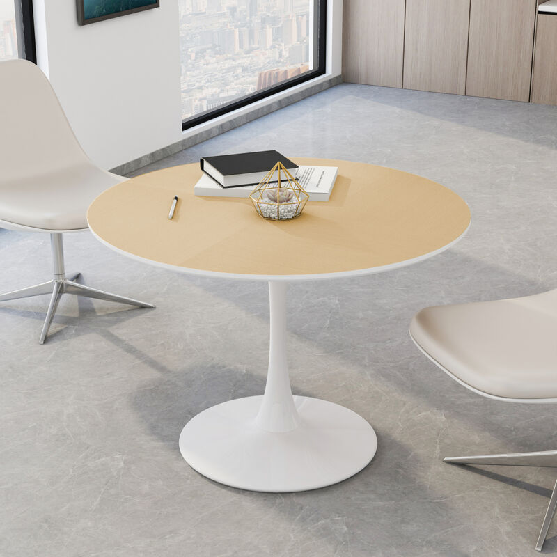 42" Modern Round Dining Table with Printed Wood Grain Tabletop, Metal Base Dining Table, End Table Leisure Coffee Table