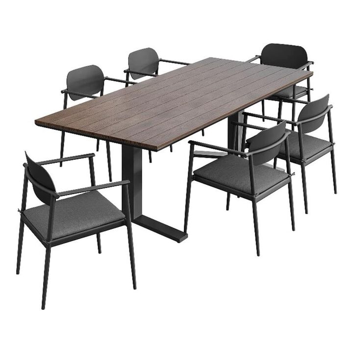 Modway Aeris 7-Piece Outdoor Patio Dining Set in Charcoal &ndash; 91 Inch Rectangular Aluminum Dining Table with Slatted Faux Wood Top and Outdoor Chairs - Patio Dining Set for 6