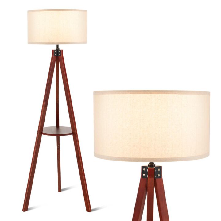 Hivvago Tripod Floor Lamp Wood Standing Lamp with Flaxen Lamp Shade and E26 Lamp Base-Brown