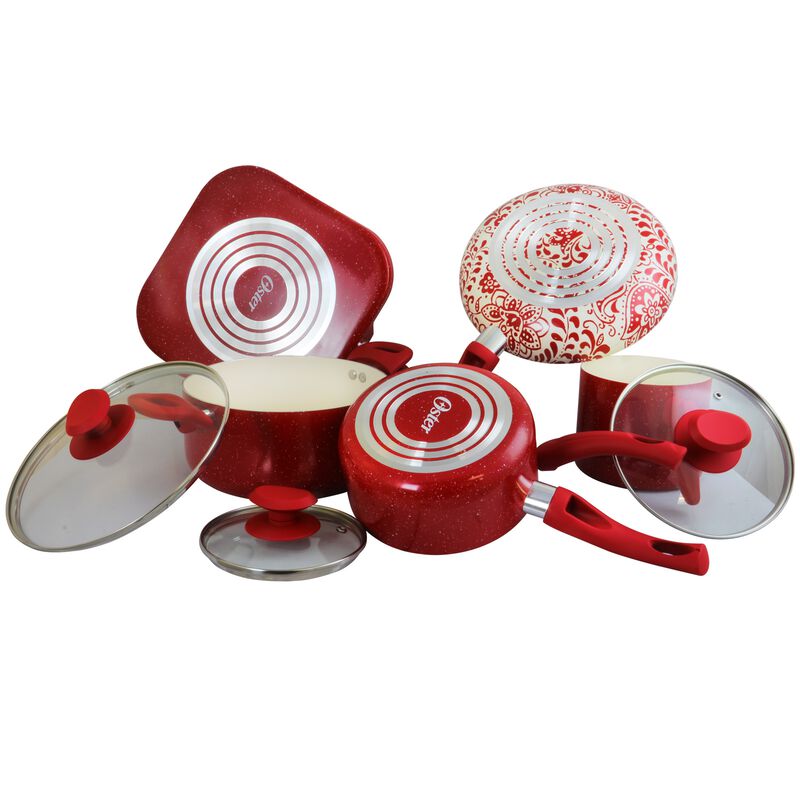 Oster Cocina San Jacinto Aluminum Cookware Set in Red Speckled Finish, Set of 9