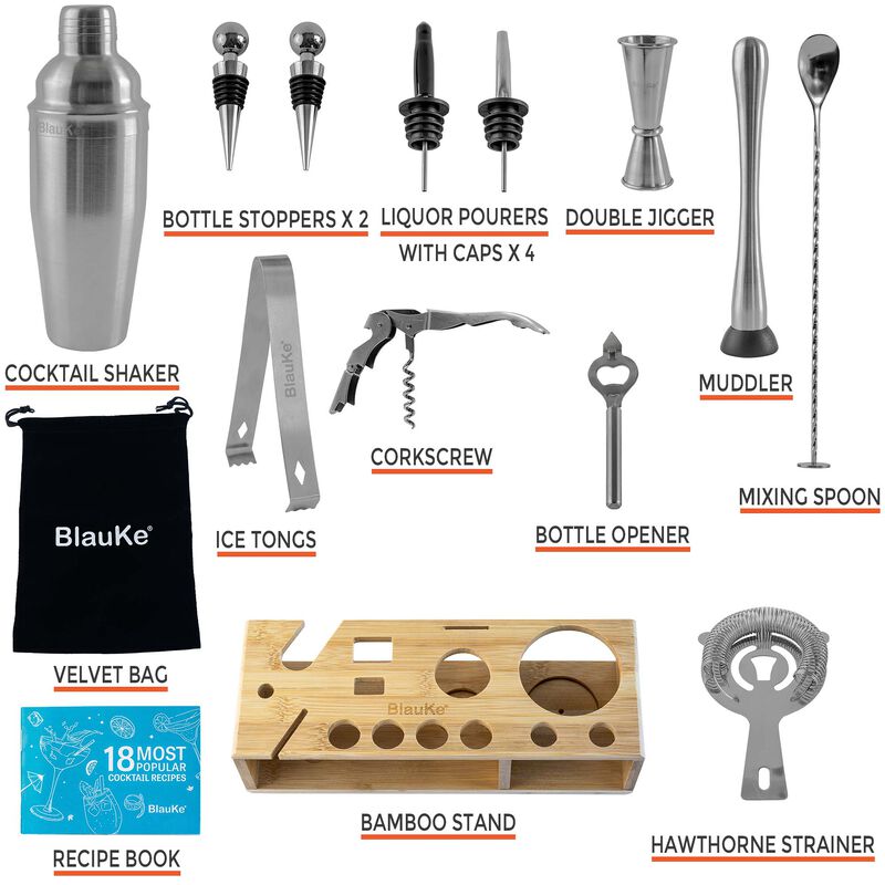 Stainless Steel Cocktail Shaker Set with Stand - 17-Piece Mixology Bartender Kit, Bar Set - 25oz Martini Shaker, Jigger, Strainer, Muddler, Mixing Spoon