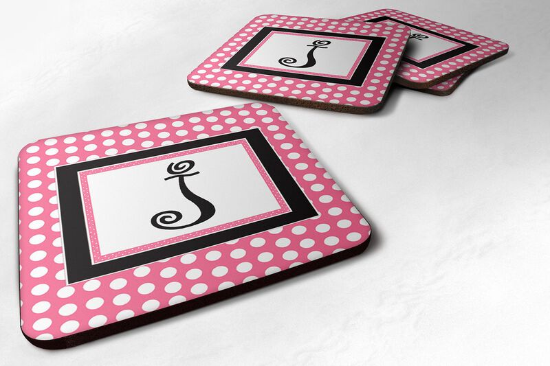 Caroline's Treasures CJ1001-JFC Monogram-Pink Black Polka Dots Foam Coasters (Set of 4), Initial Letter J, 3.5 H x 3.5 W, Multicolor