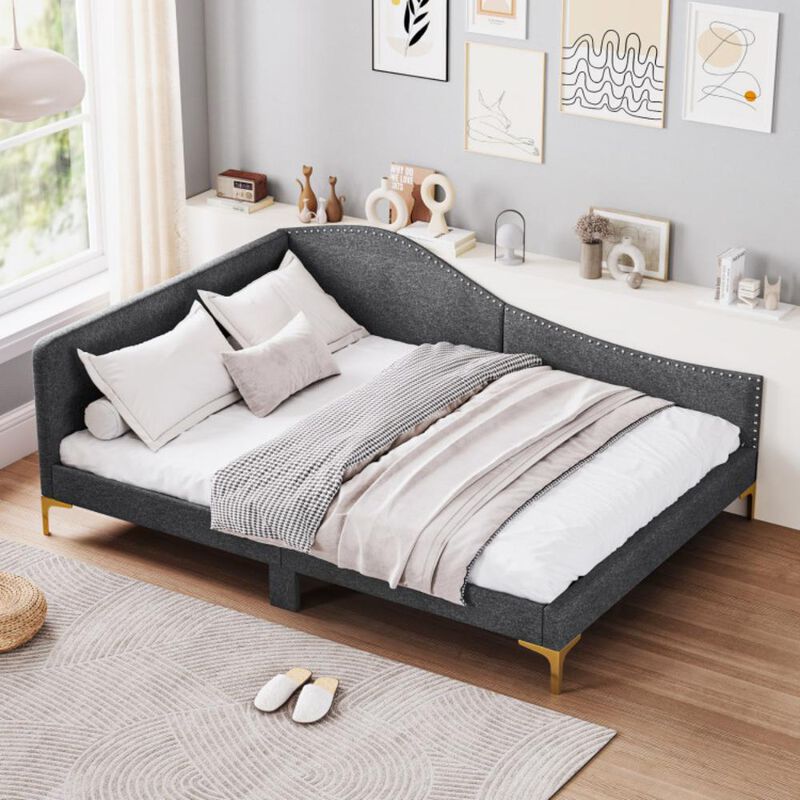 Hivvago Rivet-Tufted Platform Bed with Metal Legs and Wood Slats