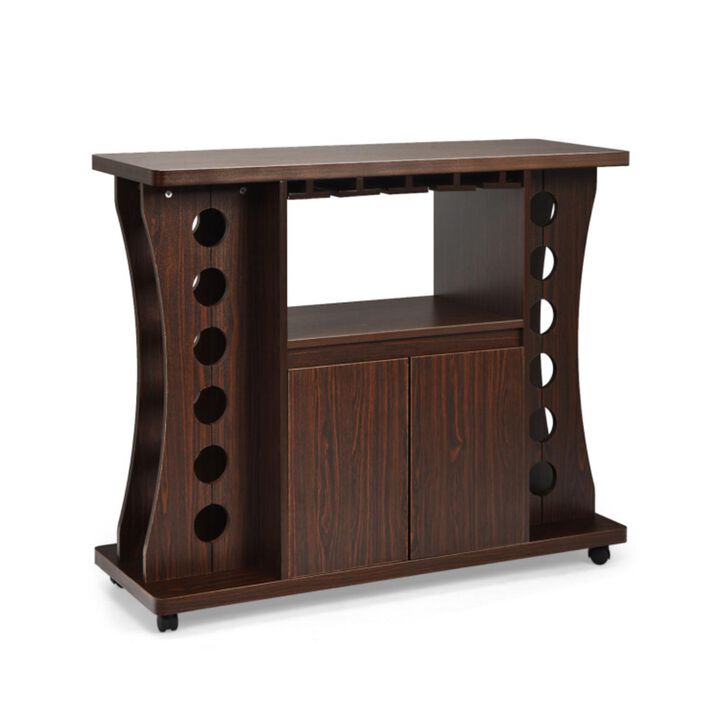 Hivvago Rolling Buffet Sideboard Wooden Bar Storage Cabinet-Walnut