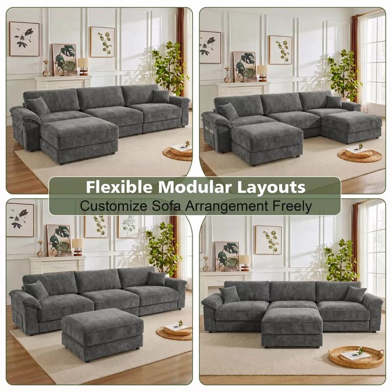Vipbear 118" Modular L-Shaped Cloud Couch with Movable Ottoman, Chenille Sectional Sofa Living Room image number 8