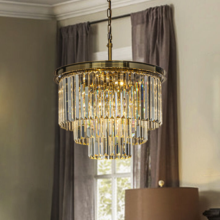 6-Lights Modern Antique Gold 3-Tier Round Crystal Fringe Chandelier