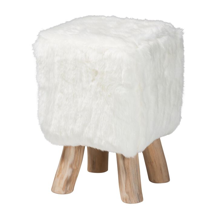 bali & pari Scotlyn Faux Fur Footstool with Teak Wood Legs - Rustic Boho Accent Seat, Handmade Decorative Footrest for Living Room or Bedroom, White