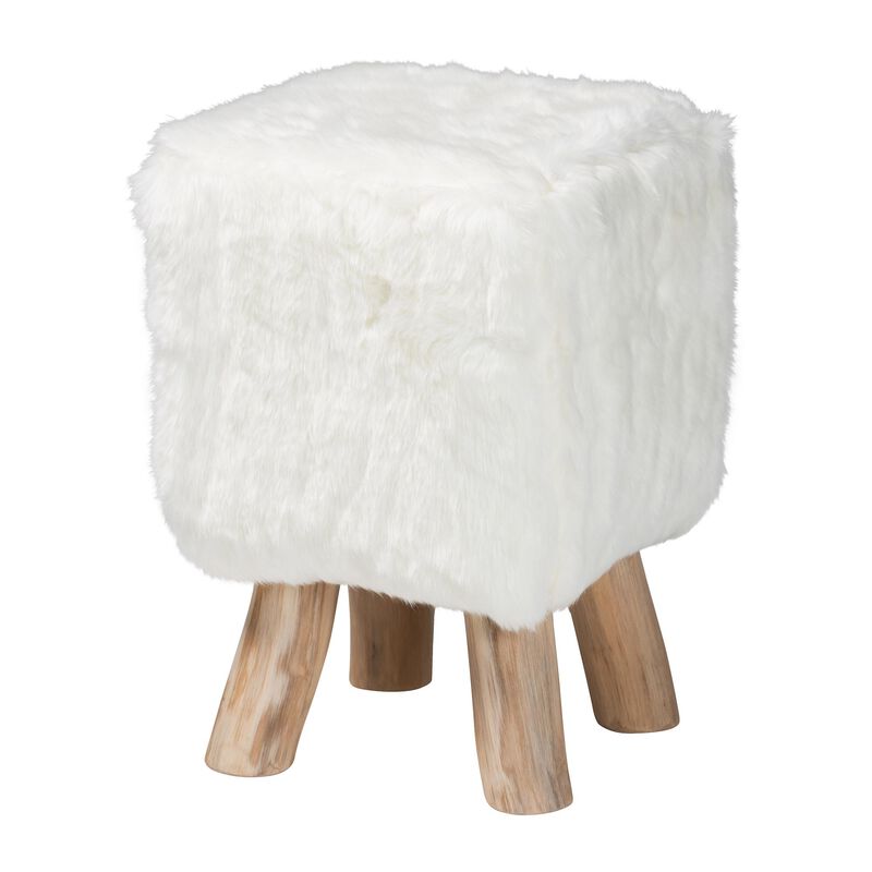 bali & pari Scotlyn Faux Fur Footstool with Teak Wood Legs - Rustic Boho Accent Seat, Handmade Decorative Footrest for Living Room or Bedroom, White image number 0