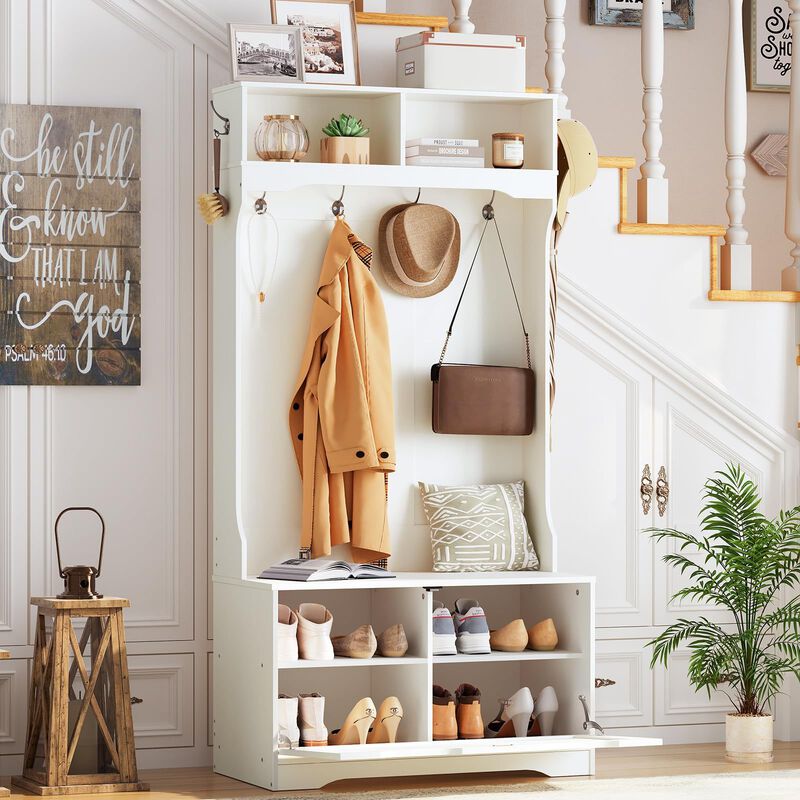 Entryway Hall Tree with Bench and Shoe Storage Cabinet Organizer image number 6