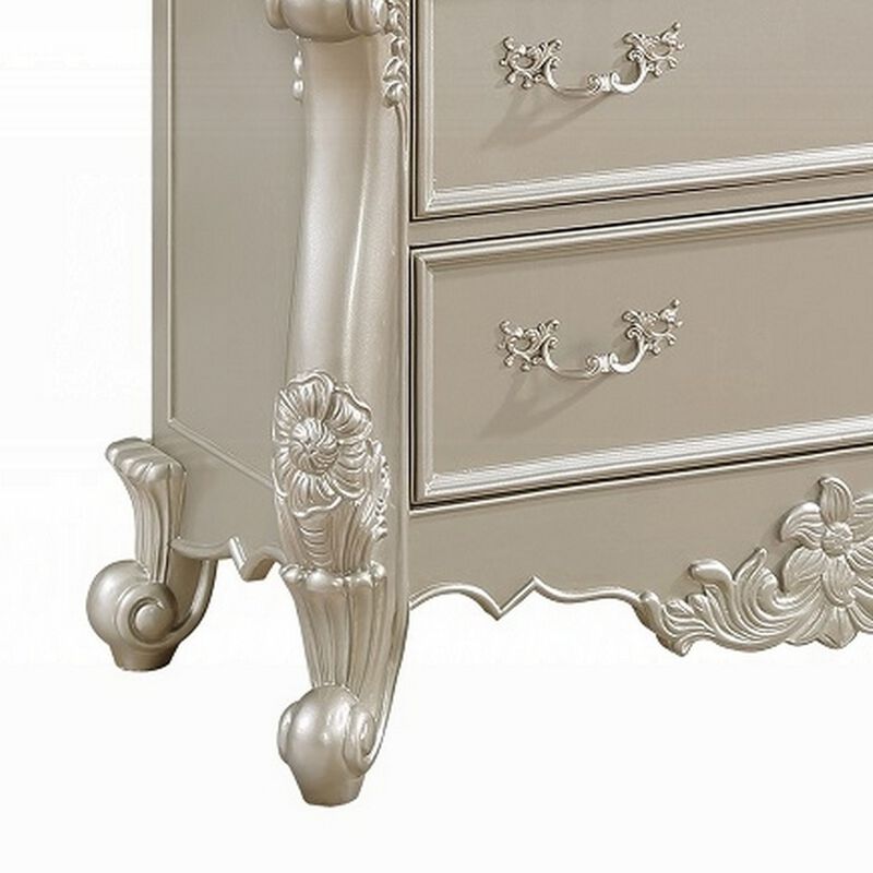 Bowe Tall Dresser Chest, 5 Drawer, Scrolled Champagne Gold Wood Finish - Benzara