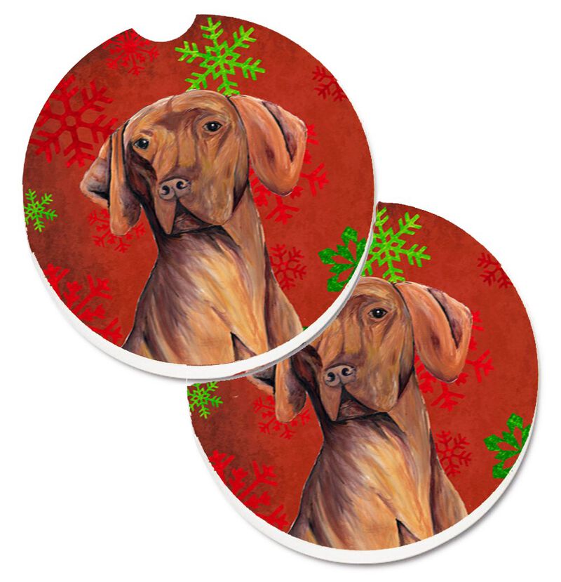 Caroline's Treasures Vizsla Red & green Snowflakes Holiday Christmas Set of 2 Cup Holder Car Coasters SC9418CARC, 2.56, Multicolor image number 0