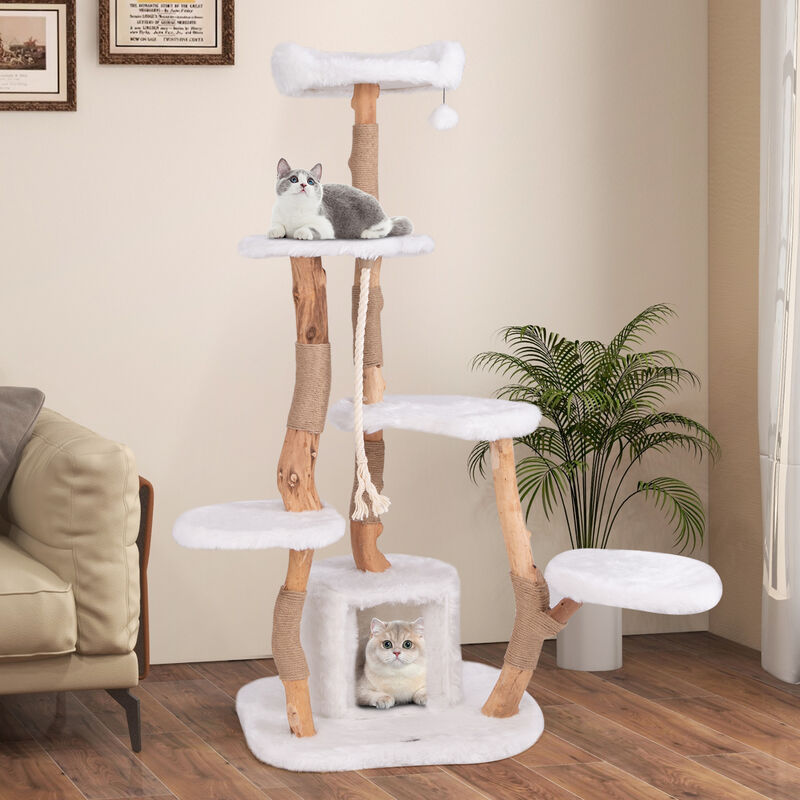 66-Inch Tall Solid Wood Cat Tree, Modern Wooden Cat Tower with Perch for Cats