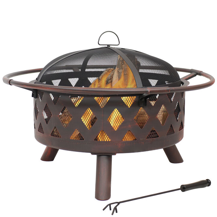 Sunnydaze 30 in Crossweave Steel Fire Pit with Screen, Poker, and Grate