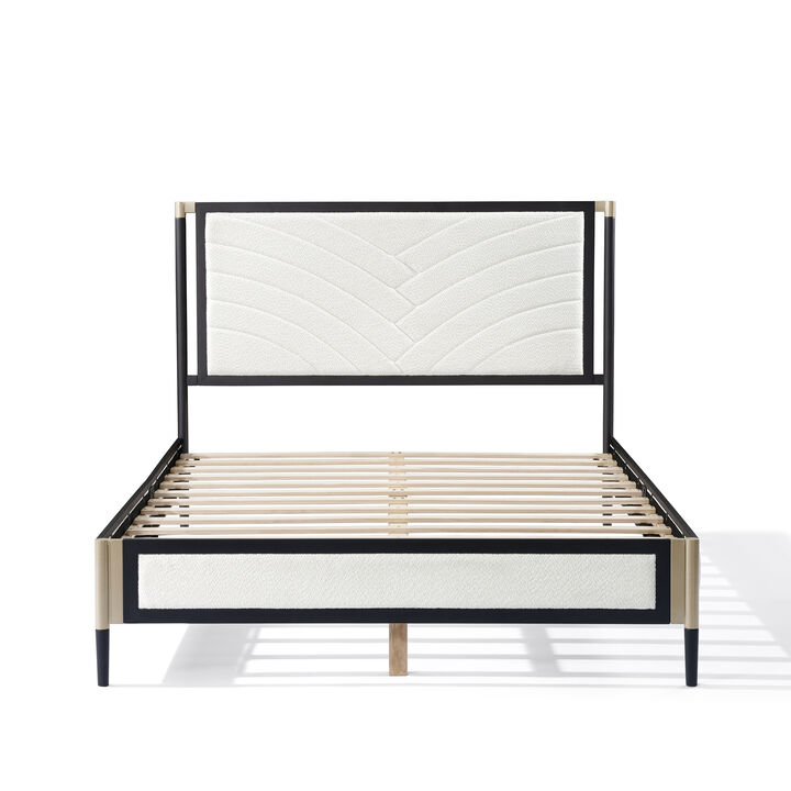 Merax Queen Platform Bed with White Boucle Headboard & Champagne Silver+Black Frame