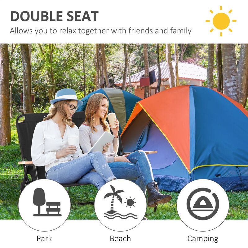 Portable Folding Double Camping Chair Cup Holder, Loveseat for 2 Person, Outdoor Chair with Wood Armrest Beach Travel, Black