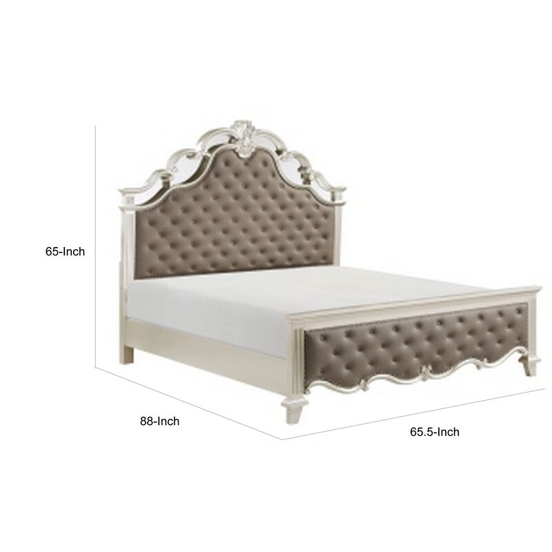 Xeni Queen Bed, Button Tufted Vegan Faux Leather Upholstery, Champagne - Benzara