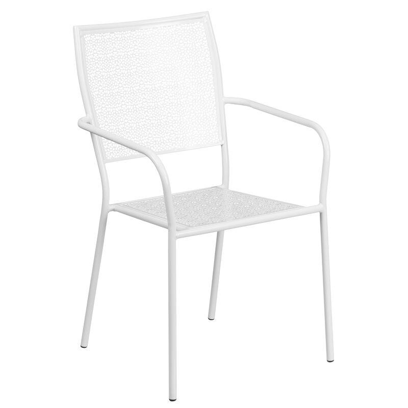 Flash Furniture Commercial Grade 35.25" Round White Indoor-Outdoor Steel Patio Table Set with 2 Square Back Chairs