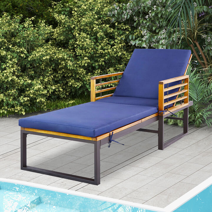 Adjustable Cushioned Patio Chaise Lounge Chair with 4-Level Backrest-Navy