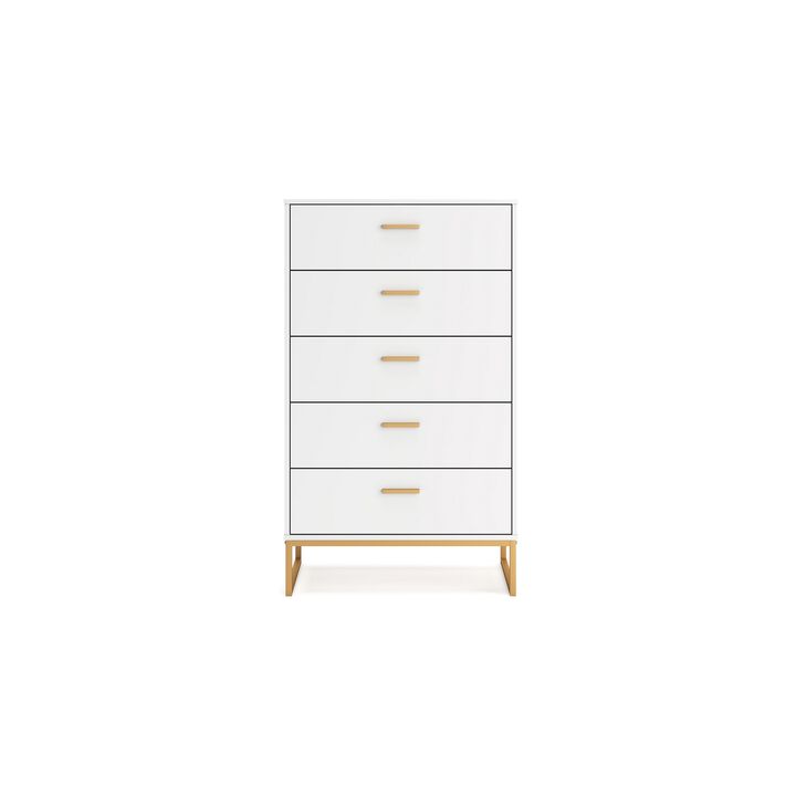 Alli Tall Dresser Chest, 5 Drawers, Matte White, Gold Metal, 51 Inch