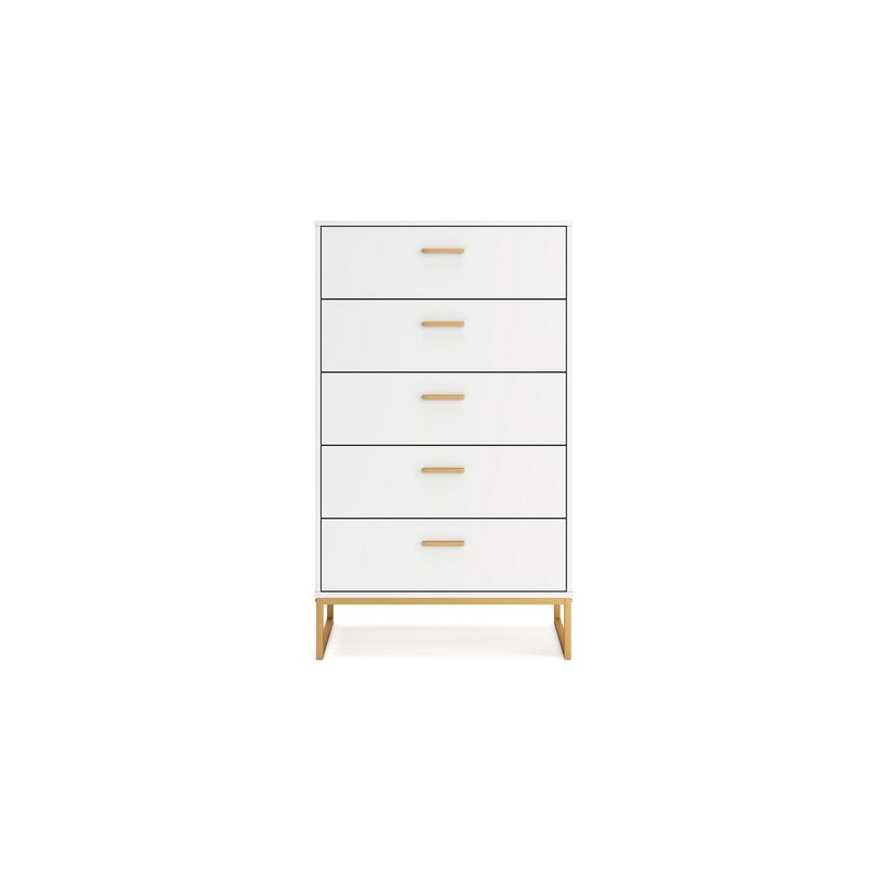 Alli Tall Dresser Chest, 5 Drawers, Matte White, Gold Metal, 51 Inch