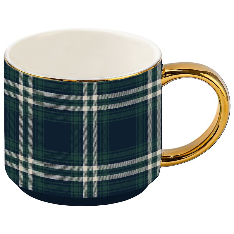 Navy Plaid 14 oz Gold Handle Coffee Mug image number 0