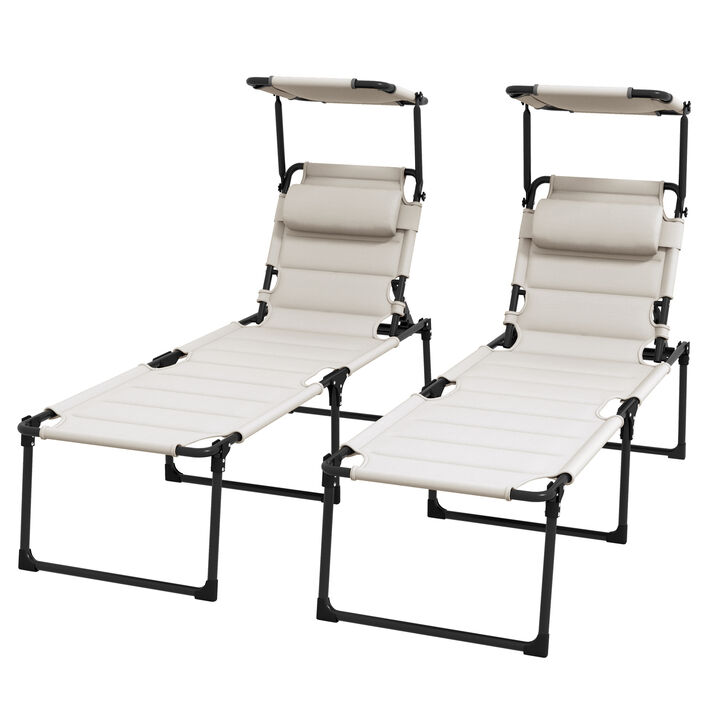 Outsunny 2 Pcs Outdoor Lounge Chair, 4 Position Adjustable Backrest Folding Chaise Lounge, Cushioned Tanning Chair w/ Sunshade Roof & Pillow Headrest for Beach, Camping, Hiking, Backyard, Cream White