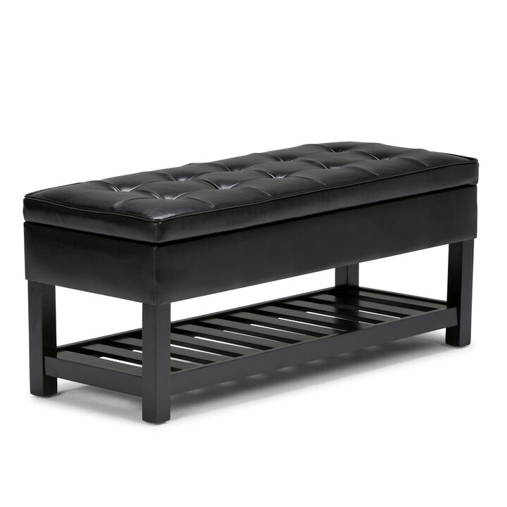 Cosmopolitan 44 inch Wide Transitional Rectangle Storage Ottoman Bench with Open Bottom in Midnight Black Faux Leather