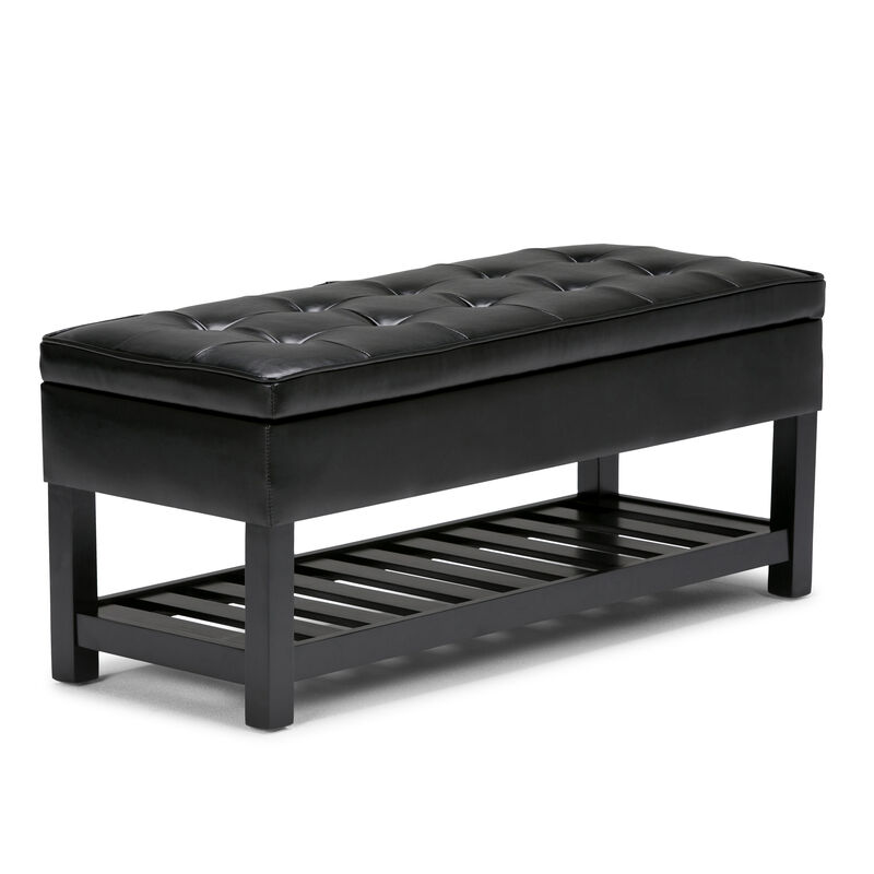 Cosmopolitan 44 inch Wide Transitional Rectangle Storage Ottoman Bench with Open Bottom in Midnight Black Faux Leather