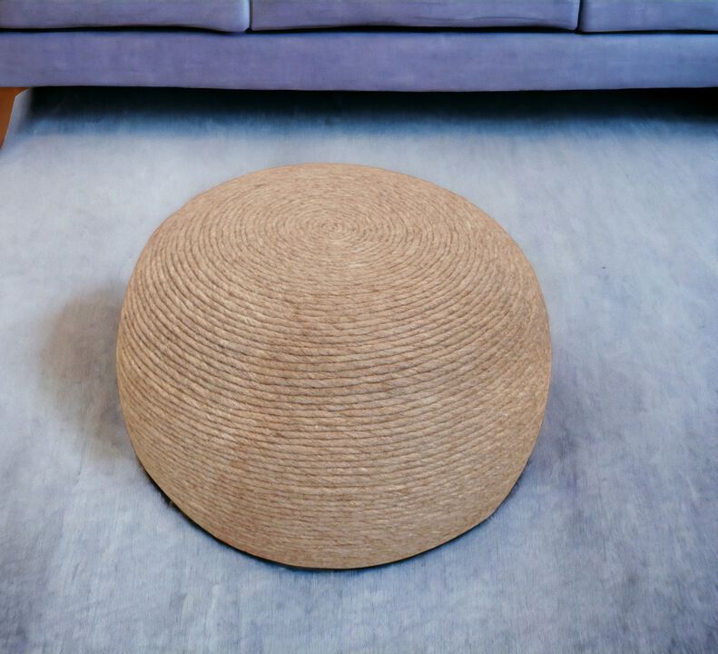 Hivvago 20 Inch Beige Wool Round Ribbed Pouf Ottoman