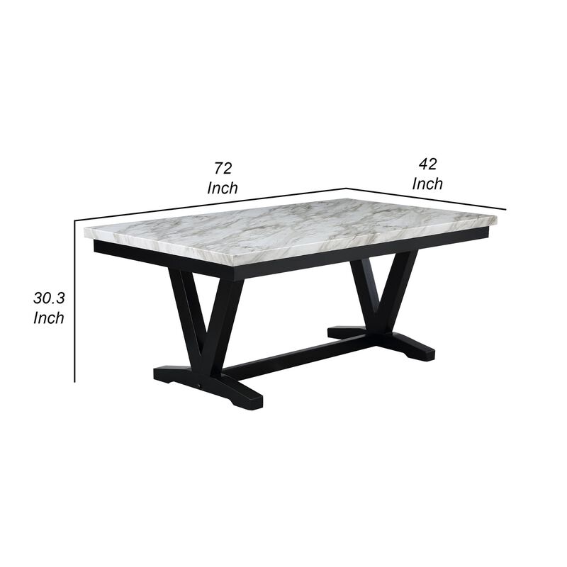 Oliver 72 Inch Dining Table With Faux Carrara Marble Top, White and Black