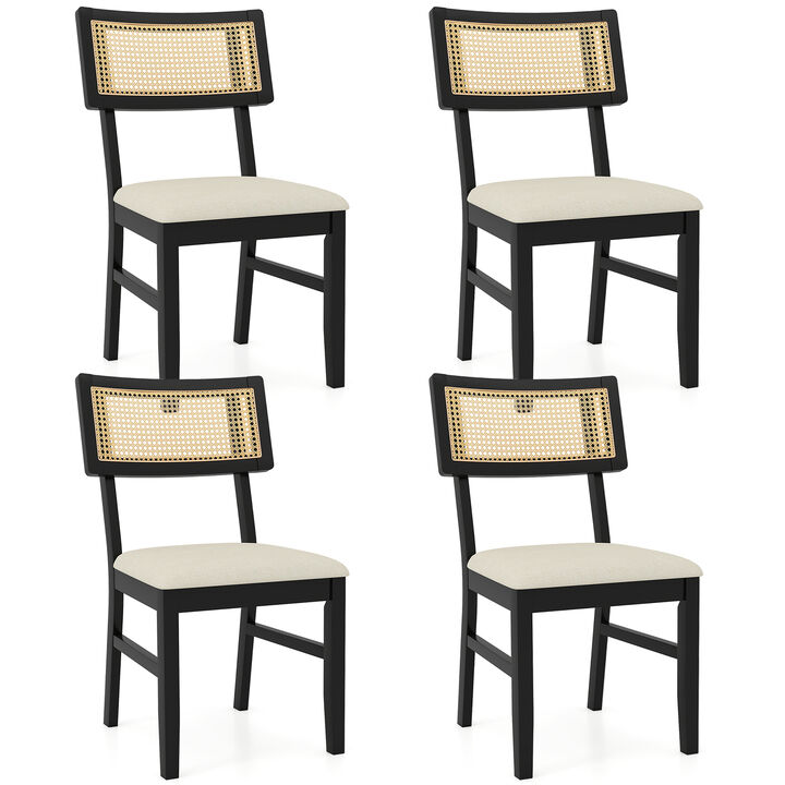 Set of 4 Rattan Dining Chairs with Padded Fabric Seats and Wood Legs