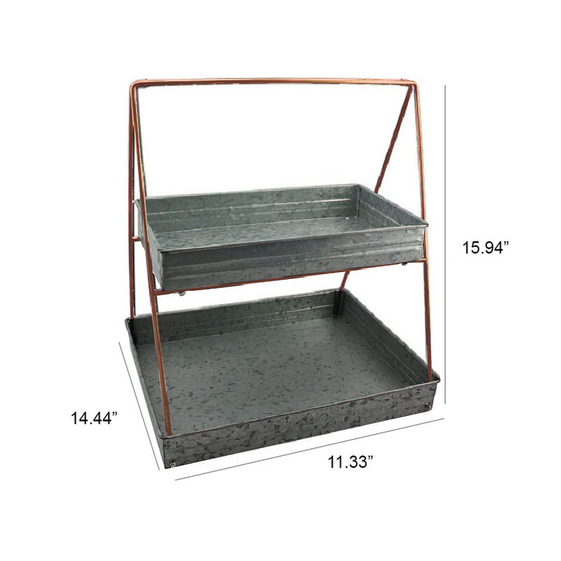 Galvanized Metal 2 Tiered Rectangular Serving Tray, Gray - Benzara