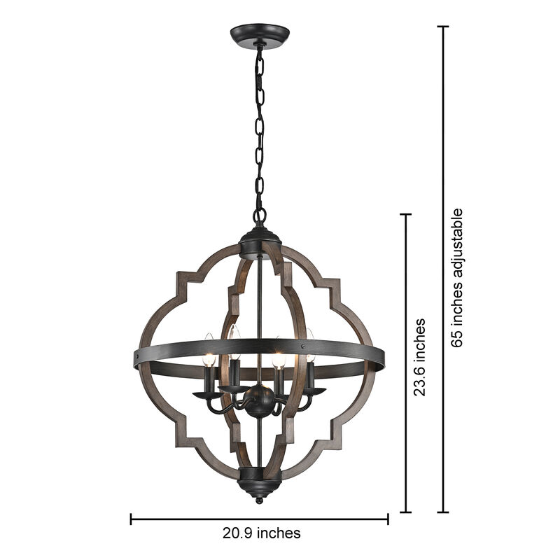 Belinda 4-light Antique Black Metal and Brown Natural Wood Chandelier image number 2
