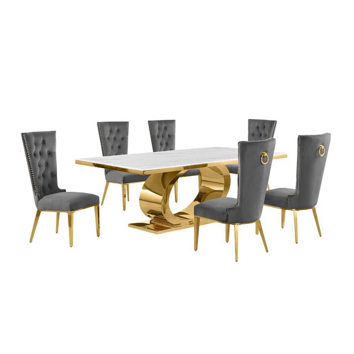 Best Quality Furniture 7pc Large(87) marble top dining set with gold base and 6 Dark grey side chairs