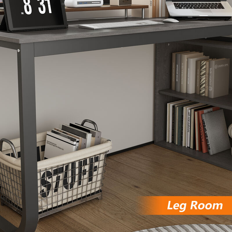 55.1 in. L-Shaped Gray Wood Writing Desk Corner Gaming Desk With 2-Tier Shelves and 3-Drawers Home Office Use