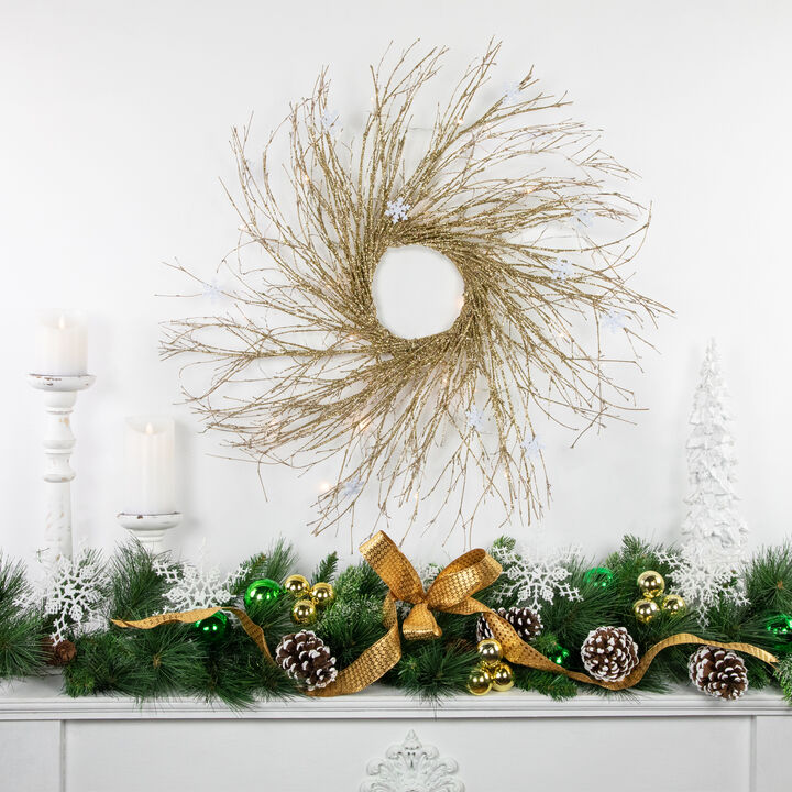 28" Pre-lit Gold Glittered Artificial Twig Christmas Wreath  Warm White LED Lights