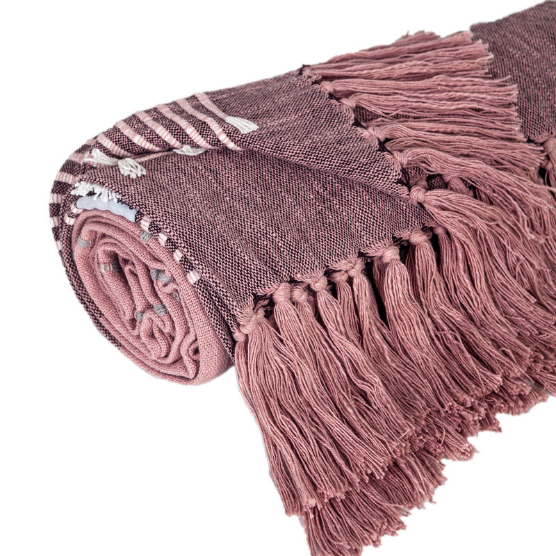 HomeRoots 50" X 60" Pink Woven Cotton Striped Throw Blanket with Tassels and Embroidery image number 2