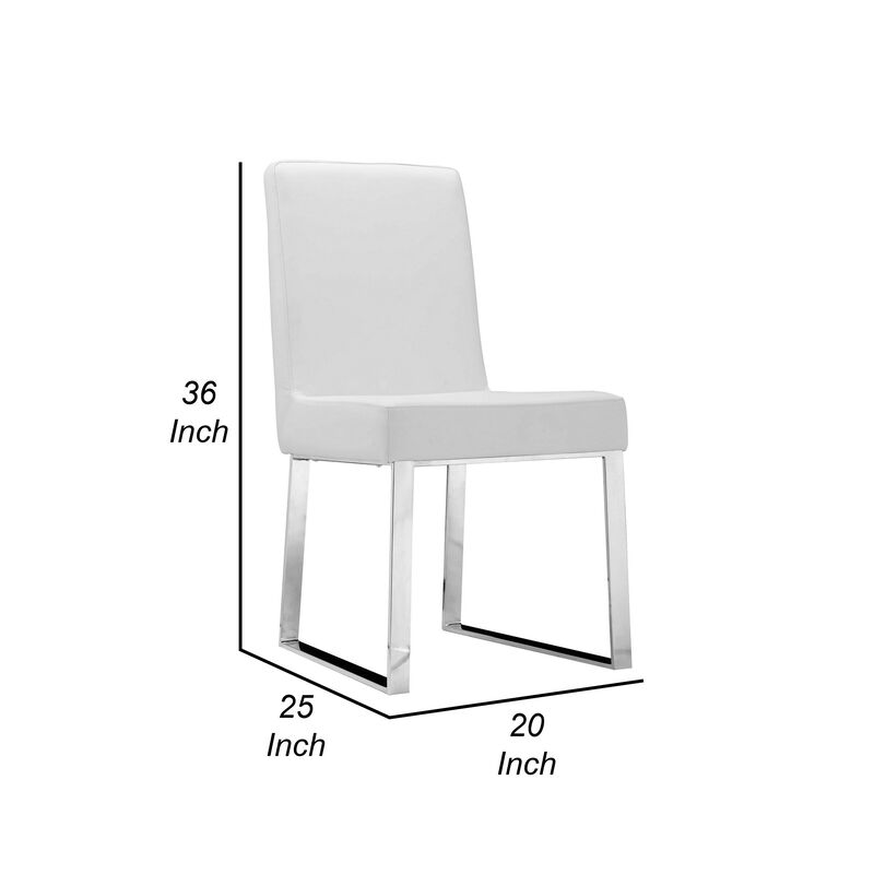 Ien 25 Inch Dining Chair Set of 2, Armless, White Faux Leather, Chrome - Benzara