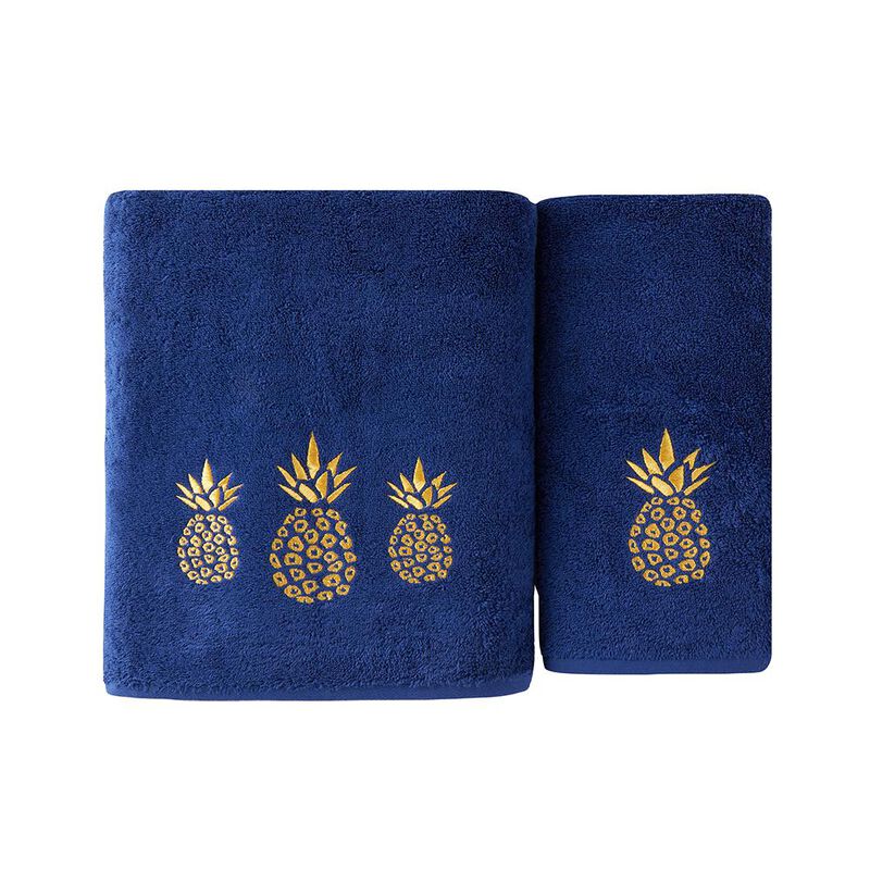SKL Home Saturday Knight Ltd Gilded Pineapple Majestic Gold Embroidered Bath Towel - 27 x 50", Navy
