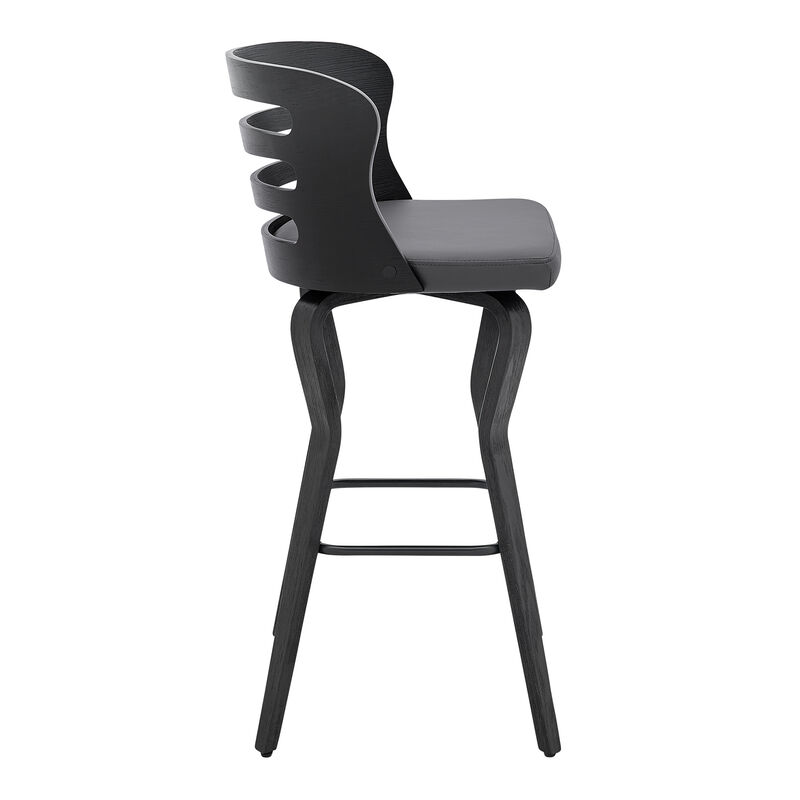 Verne Swivel Gray Faux Leather and Black Wood Bar Stool