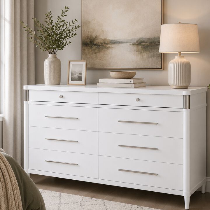Ruvie Wide Dresser, 8 Drawers w Felt lined Jewellery Drawer, White Wood