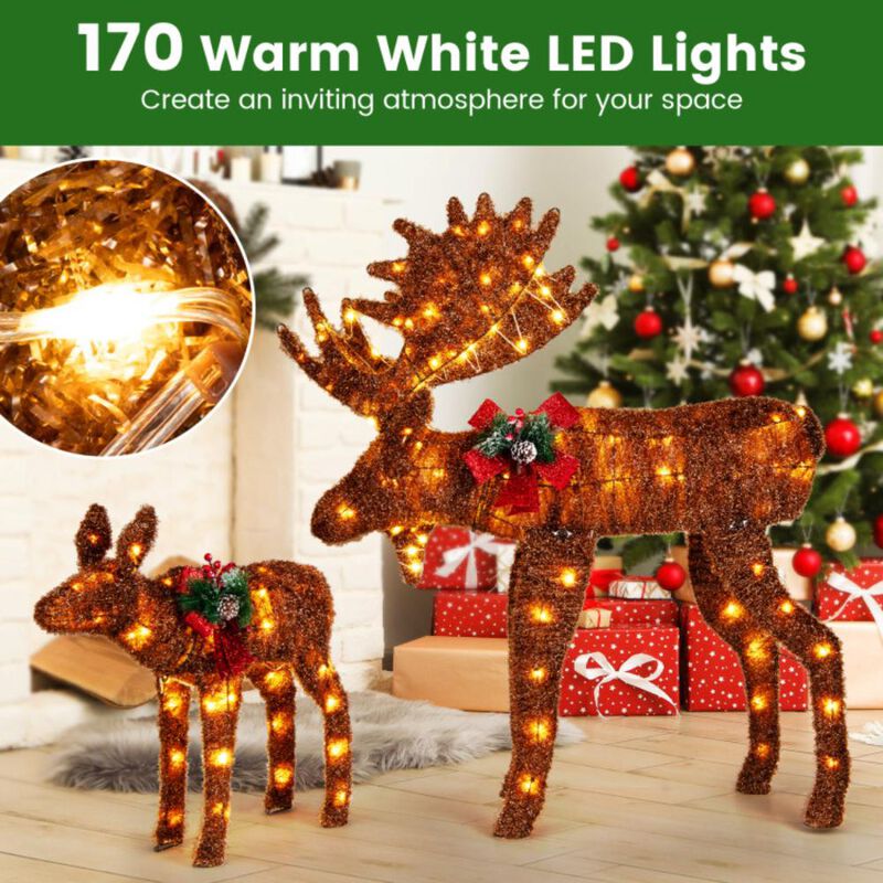 Hivvago 2 Pieces Lighted Moose Family with 170 LED Lights and Zip Ties