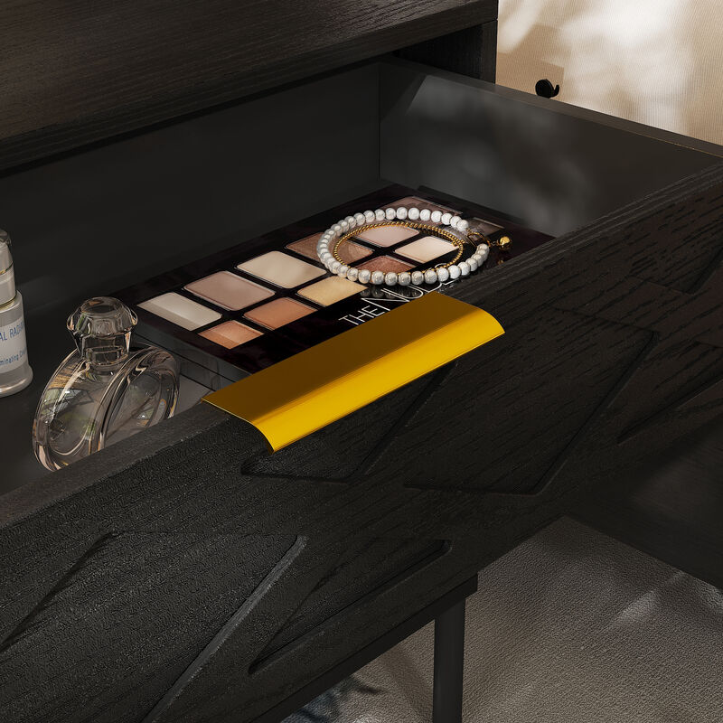 FUFU&GAGA Black 3-Drawer Nightstands with Gold Handles and Metal Legs, P2 Particleboard, (31.5" W x 23.6" H x 15.4" D), Black